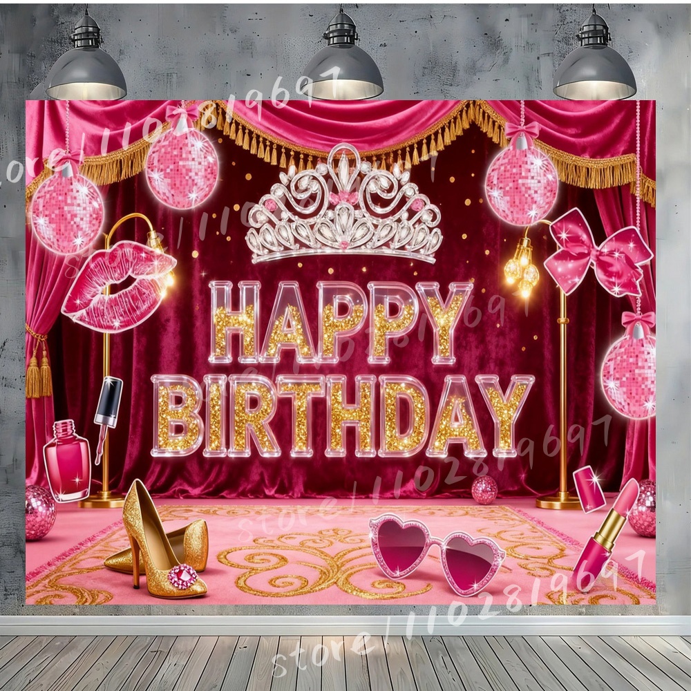 Crown Pink Disco Ball Birthday - Photography Backdrop Muslin recension och pris